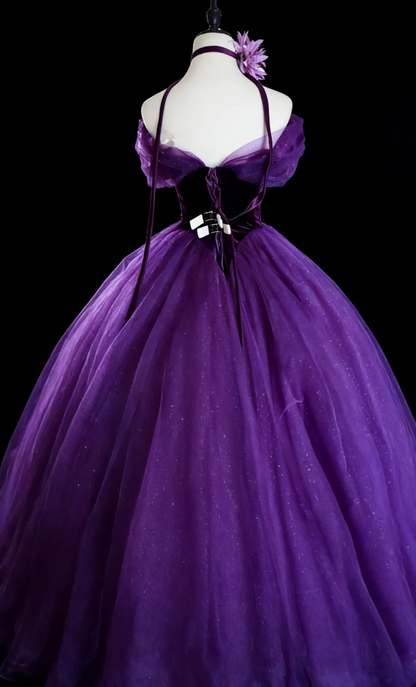 Charming Off The Shoulder Princess Ball Gown Purple Velvet Tulle Sequin Birthday Quinceanera Dress Sweet 15 Dress SP2035