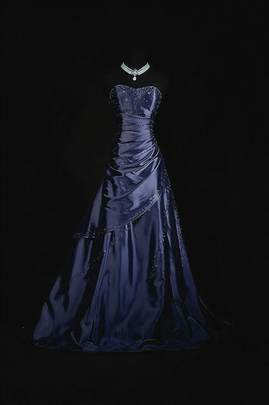 Stylish Navy Blue Satin Beaded Long Party Dress Evening Dress SP2690