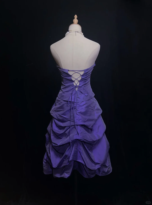 Classy Strapless Satin Pleated Beaded Mini Birthday Dress,Purple A Line Short 6th Grade Homecoming Dress SP2906