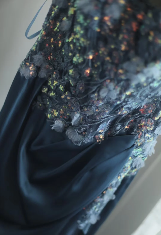 Elegant Blue Off The Shoulder Satin Sequin Appliques Mermaid Evening Dress Silt Long Wedding Guest Dress SP1211