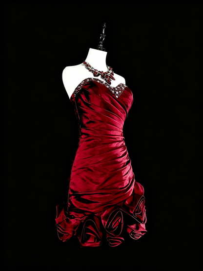 Elegant Sweetheart Neck Satin Pleated Beaded Short 7th Grade Homecoming Dress,Red Short Birthday Outfits SP3400