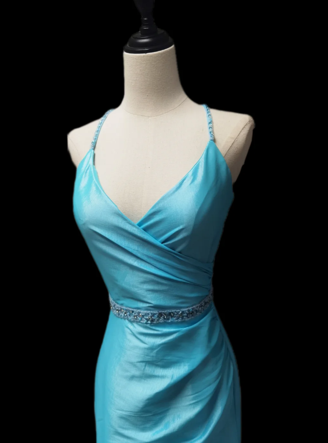 Vintage V Neck Blue Beaded Satin Pleated Mermaid Prom Dress Party Gown SP592