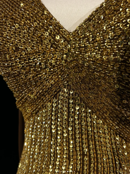 Gorgeous One Shoulder Gold Sequin Beaded Mermaid Long Prom Dress Party Gown SP1857