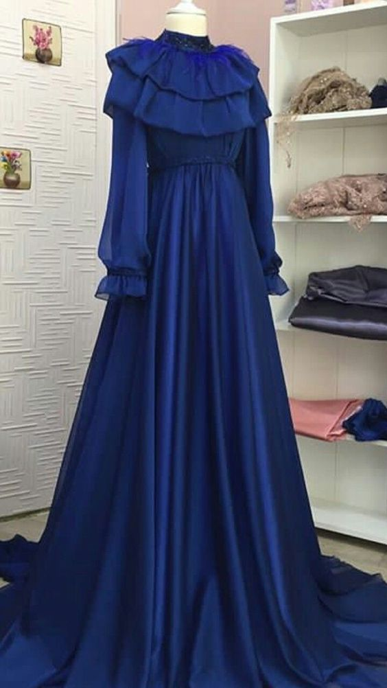 Modest Royal Blue A-line Long Prom Dress,Royal Blue Formal Gown Y6965