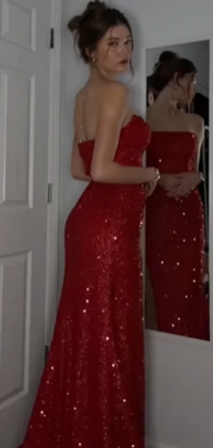 Shiny Strapless Red Mermaid Sequin Long Party Dress Prom Dresses SP3736