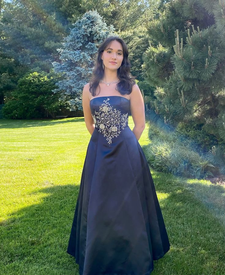 Fashion Strapless Navy Blue Satin Beaded A Line Long Evening Dress Birthday Dress SP2131