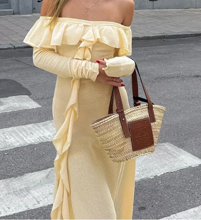 Classy Off The Shoulder Ruffles Cream Long Prom Dress Slit Party Evening Dress Y7975