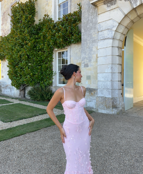 Classy Spaghetti Straps Satin Beaded Appliques Mermaid Party Dress Pink Slit Long Prom Gown SP1036