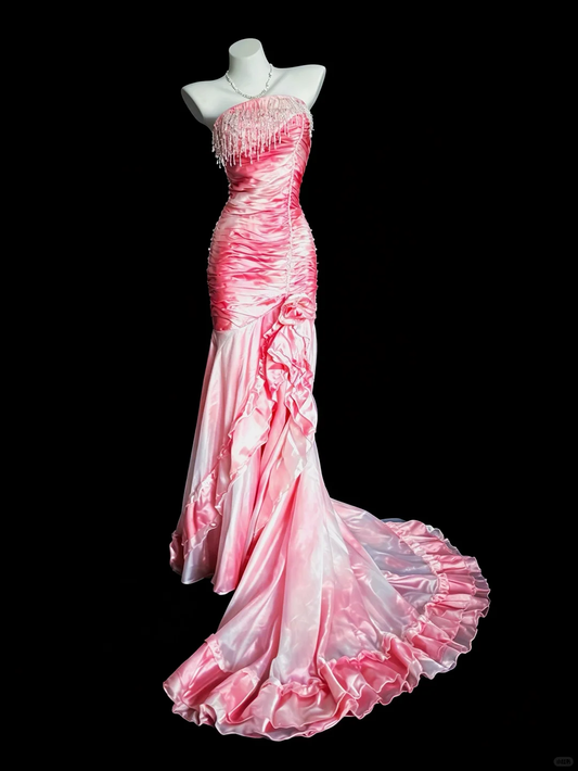 Dreamy Gradient Pink Strapless Satin Mermaid Formal Prom Gown, Crystal Fringe Trim Ruched Bodycon Ruffled Long Party Dress SP2738