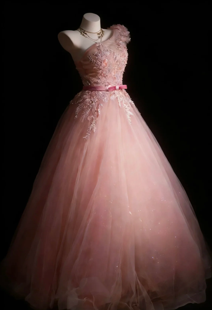 Glamorous Pink One Shoulder tulle Sequin Appliques Long Evening Dress Birthday Dress SP1845