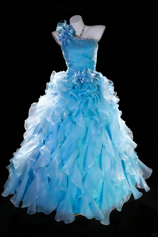 Charming Ball Gown One Shoulder Blue Beaded Tulle Ruffles Birthday Party Dress Prom Dress SP2032