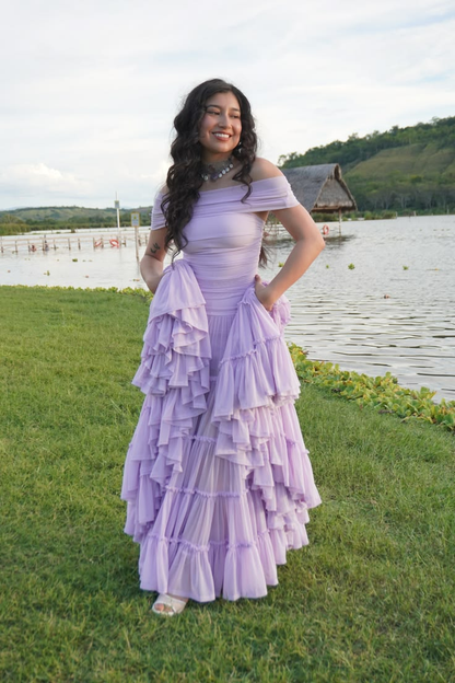 Classy Off the Shoulder Chiffon Tiered Prom Gown Lavender Long Evening Dresses SP2103