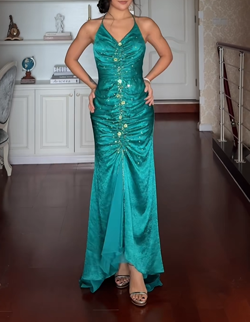 Elegant V Neck Green Satin Beaded Mermaid Long Party Dress Formal Birthday Dress SP2158