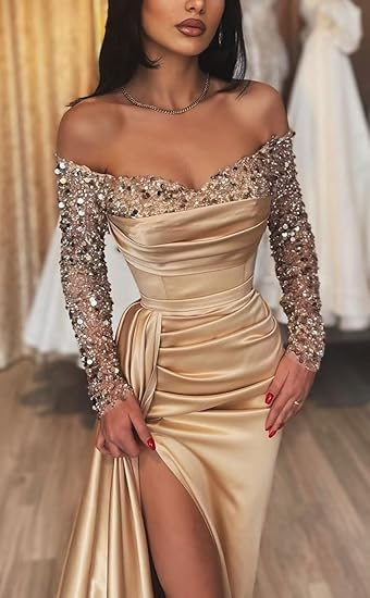 Glitter Champagne Sequin Embellished With Train And High Slit Formal Evening Party Prom Dress Y6940
