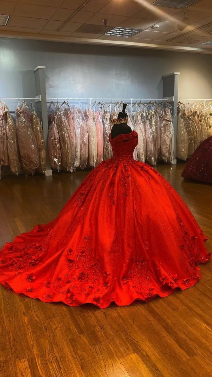 Luxurious Red 3D Flowers Ball Gown,Sweet 16 Dress,Quinceanera Dress  Y5321