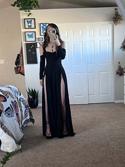 Chic Women's Off Shoulder Long Sleeve High Slit Long Prom Dress,Sexy Black Prom Gown ,Y2416