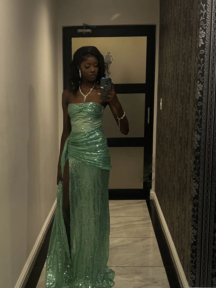 Sparkly Strapless Green Sequin Pleated Slit Mermaid Long Prom Dress Party Dress SP4098