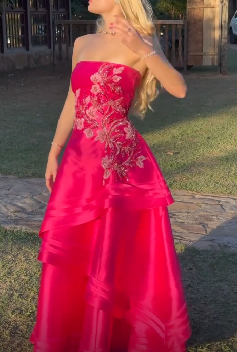 Gorgeous Hot Pink Strapless Satin Beaded Long Party Dress Prom Dress SP3101