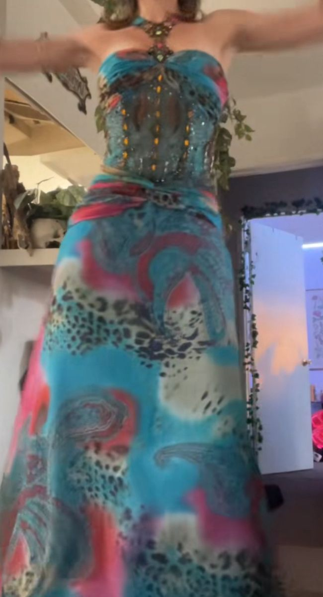 Unique Halter Blue Chiffon Printed Floral Mermaid Evening Dress Long Prom Gown SP694