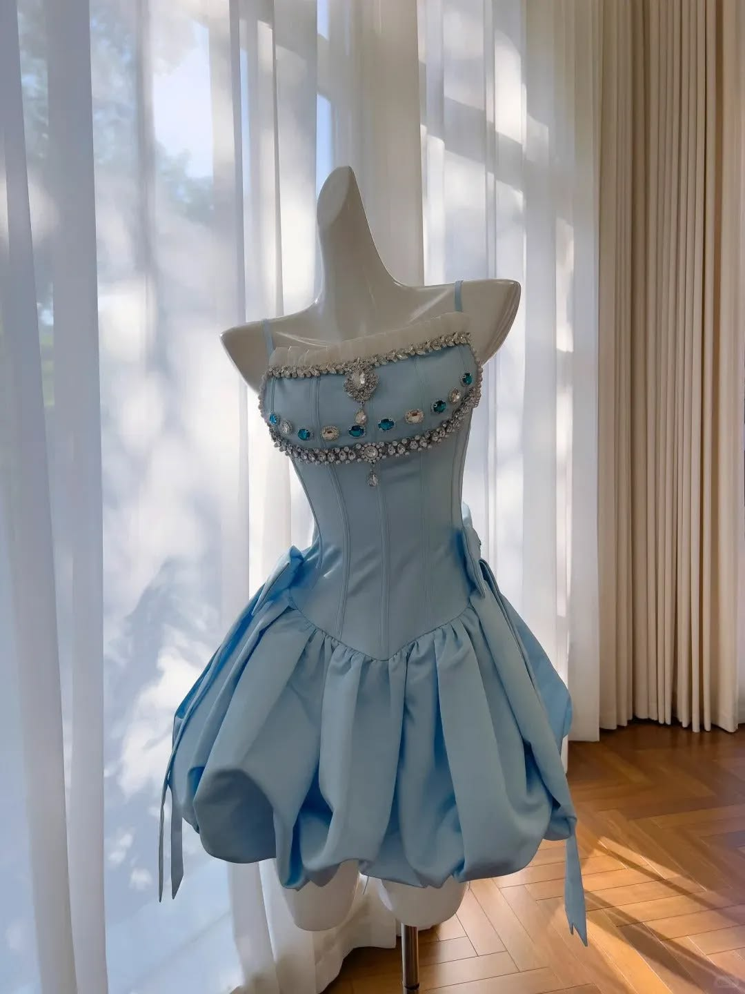 Stylish Blue Satin Beaded Short Graduation Homecoming Dress,Spaghetti Straps A Line Mini Cocktail Dress SP3377