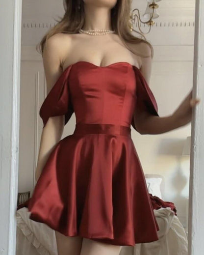 Fashion Burgundy Satin A Line Short 9th Grade Homecoming Dress,Off The Shoulder Mini Prom Dress SP3480