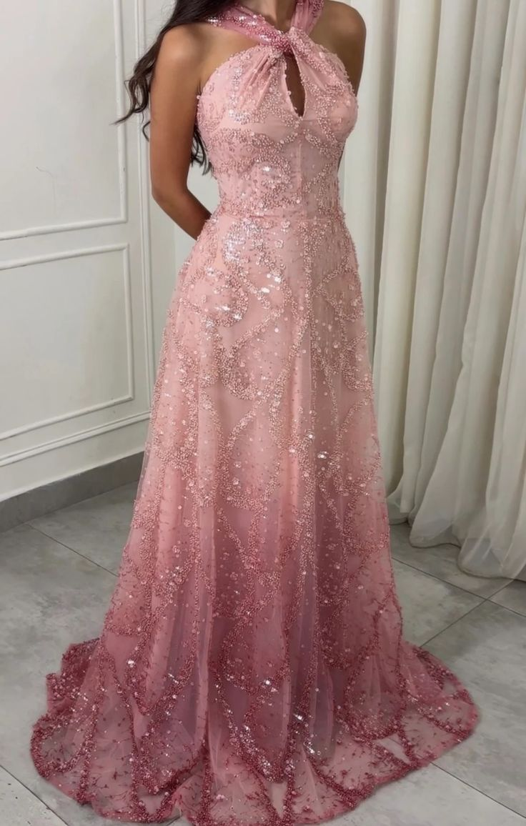 Glamorous Halter Ombre Pink Tulle Sequin Beaded Long Evening Dress Birthday Prom Dresses SP1305