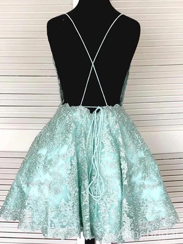 Classy Mint Green Satin Lace Short Graduation Homecoming Dress,Spaghetti Straps A Line Backless Mini Birthday Dress SP3363