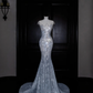 Beautiful Mermaid Sequin Beaded Evening Dress,Blue Tulle Prom Dress Y8690