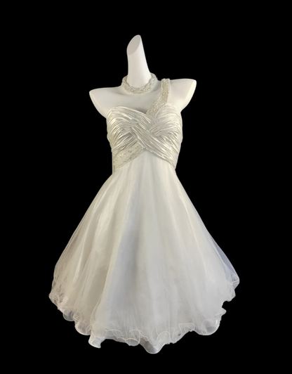 Cute One Shoulder White Satin Tulle Beaded A Line Short Homecoming Dress Birthday Outfits SP355