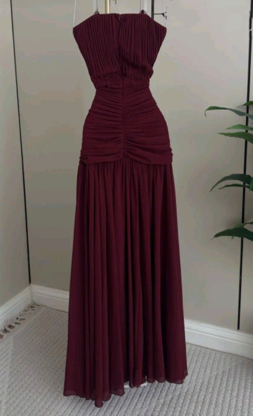 Classy Pink Strapless Chiffon Pleated Long Wedding Guest Dress Evening Dress SP884