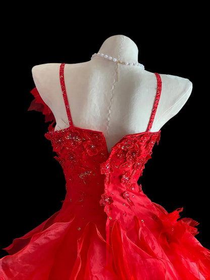 Charming Spaghetti Straps Ball Gown Red Tulle Pleated Sequin Appliques Long Party Dress Prom Gown SP4089