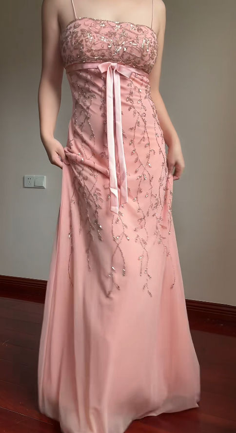 Classy Spaghetti Strap Pink Chiffon Beaded Long Prom Dress Formal Evening Dress SP944