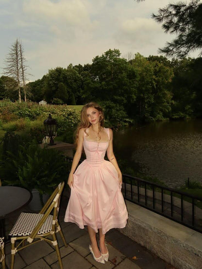 Sweet Pink Satin A Line Party Dress,Spaghetti Straps Midi Wedding Guest Dress SP2672