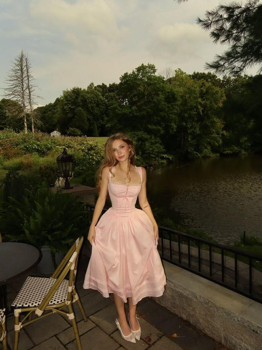 Sweet Pink Satin A Line Party Dress,Spaghetti Straps Midi Wedding Guest Dress SP2672