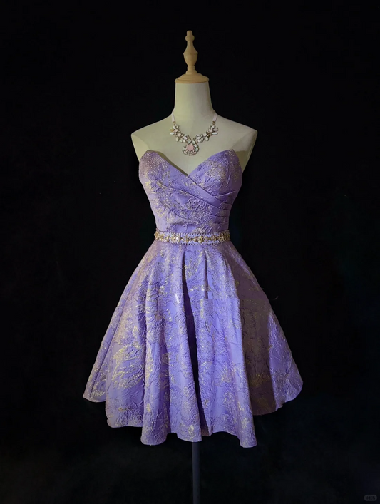 Charming Strapless Purple Satin Floral A Line Short Homecoming Dress Birthday Outfits SP2898