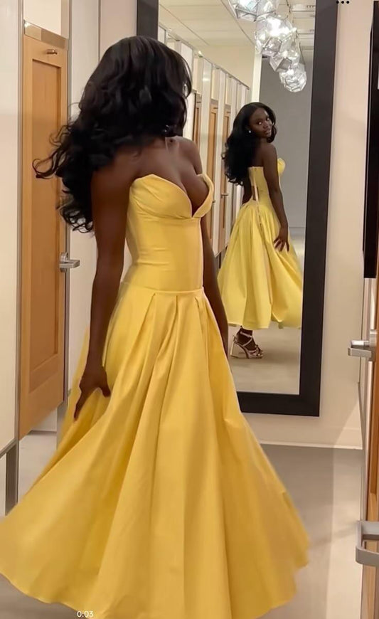 Fashion Sweetheart Neck Satin A Line Long Party Dress,Yellow Prom Gowns SP2667