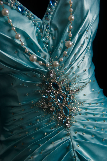 Gorgeous Blue Strapless Satin Pleated Beaded Mermaid Party Dress Long Prom Dresses SP2154