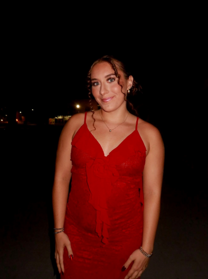 Pretty Spaghetti Straps V Neck Red Lace Backless Mermaid Party Dress Birthday Outfits SP897