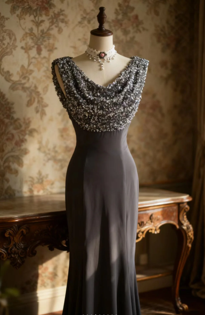 Retro Sleeveless Sequin Satin Mermaid Long Wedding Guest Dress Evening Gown SP1023