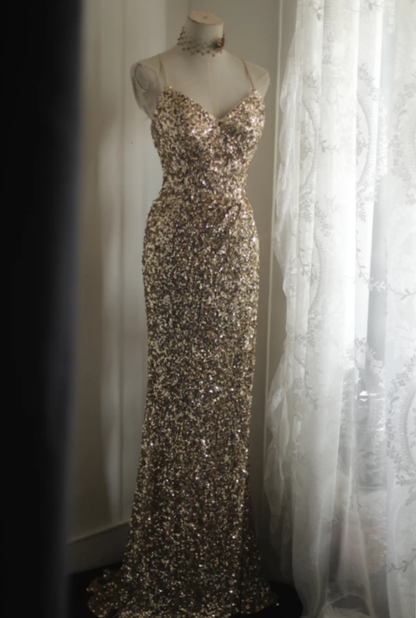 Pretty Spaghetti Straps Gold Sequin Slit Mermaid Long Wedding Guest Dress Birthday Party Gown SP1260