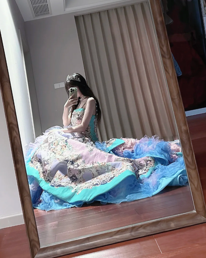 Pretty Strapless Satin Beaded Tulle Pleated Ball Gown Formal Princess Quinceanera Dress SP1186