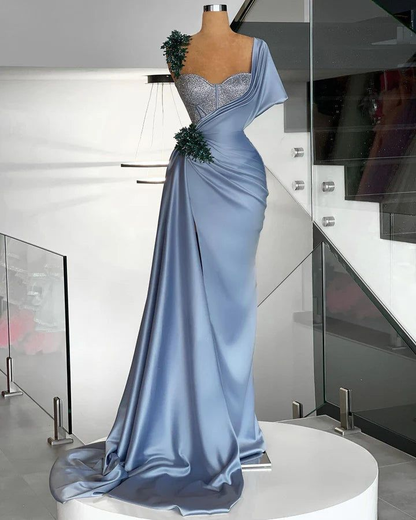 Gorgeous Blue Satin Beaded Mermaid Evening Dress,Long Formal Prom Dress Y8520