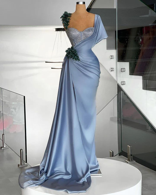 Gorgeous Blue Satin Beaded Mermaid Evening Dress,Long Formal Prom Dress Y8520