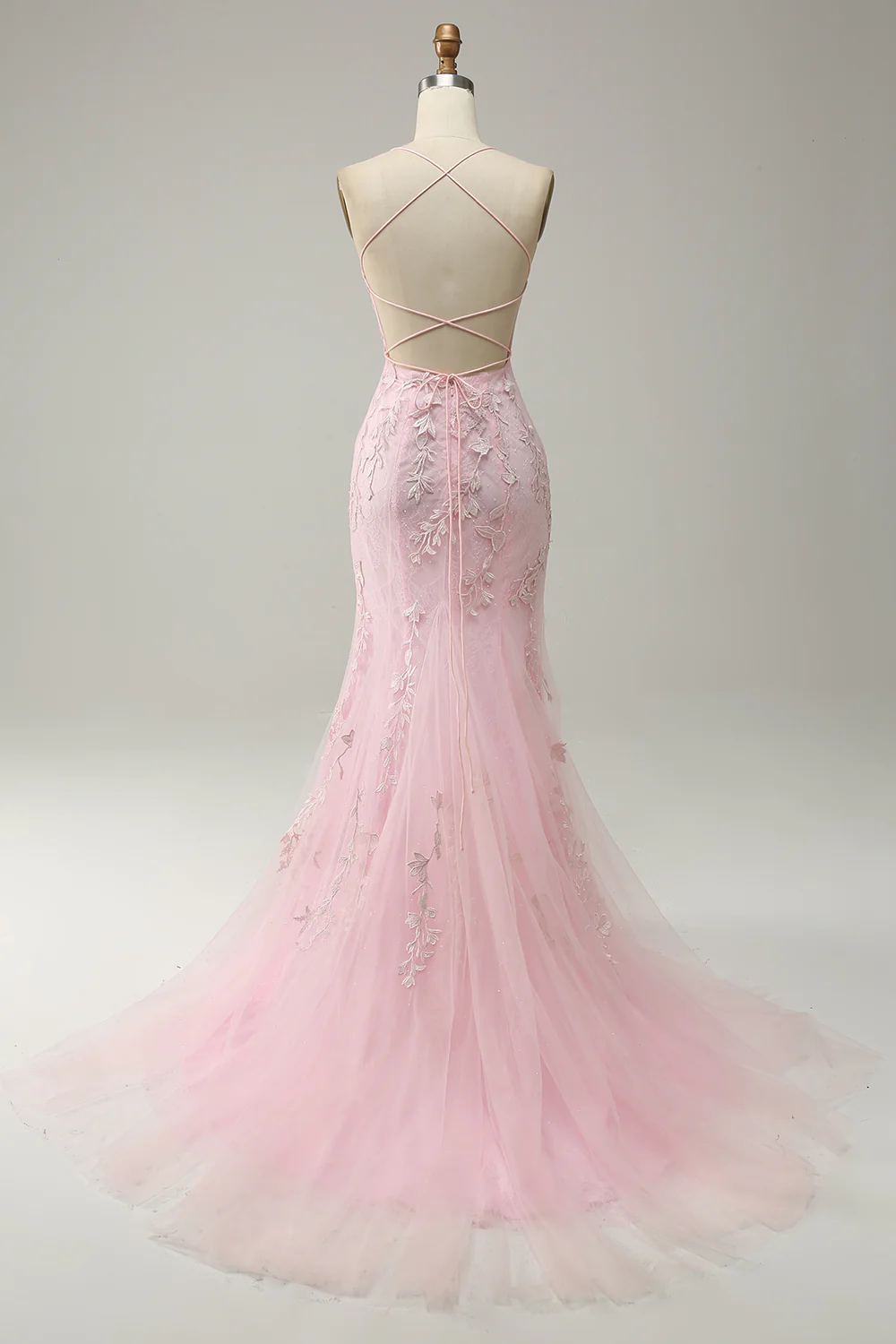 Mermaid Spaghetti Straps Light Pink Long Prom Dress with Appliques Y4466