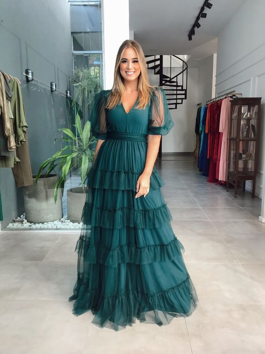 Green A-line V Neck Tulle Multi-layered Prom Dress,Green Evening Dress Y6218