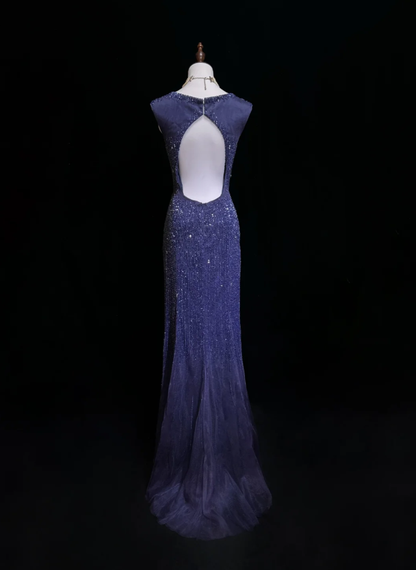 Gorgeous V Neck Dark Purple Tulle Beaded Mermaid Long Evening Dress Backless Prom Gown SP1963