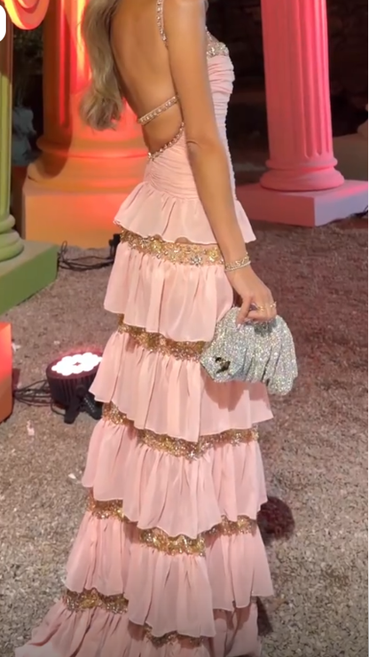 Glamorous Spaghetti Straps Pink Beaded Chiffon Layered Long Party Dress Prom Gown SP3629