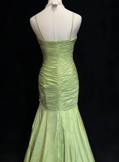 Vintage Green Mermaid Satin Beaded Sequin Evening Dress,Spaghetti Strap Long Prom Dress Y8556
