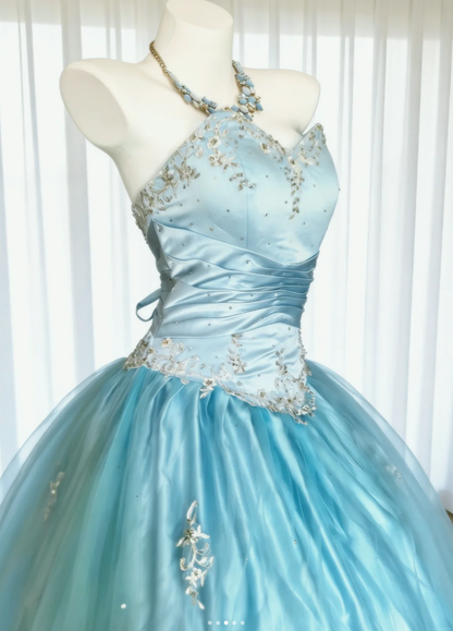 Fairy Sweetheart Neck Blue Tulle Appliques Long Wedding Guest Dress Formal Party Dress SP1633