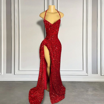 Sexy High Slit Halter Sleeveless Sparkly Red Sequin Long Prom Dresses for Black Girls Y5990